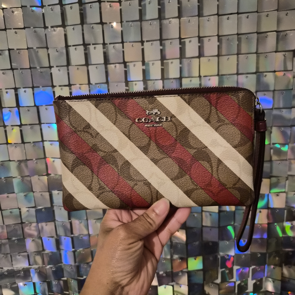 Coach Burgundy and Cream Striped Wristlet